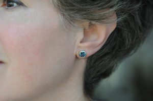 london blue topaz 7mm round stud earrings 18K y gold