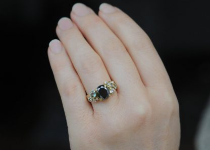 black diamond oval cluster ring with sapphires and diamonds 18K YG