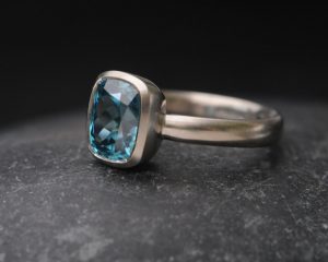 blue zircon cushion cut 9x7 ring 18K white gold