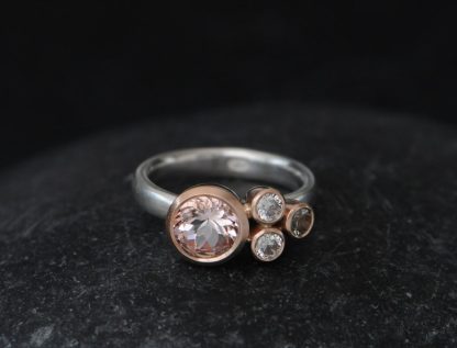 morganite cluster ring in 9K rose gold and silver on hand