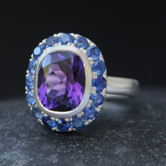 Purple amethyst blue sapphire oval halo ring in silver