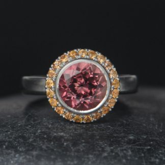 pink-tourmaline-9mm-halo-ring-with-o-sapphires-Platinum-front