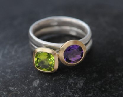 purple-ameyth-and-peridot-stacking-rings-in-9k-yellow-gold-and-silver