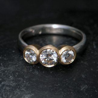 Lab-diamond-3-stone-mixed-metal-ring-18K-and-silver-side-on