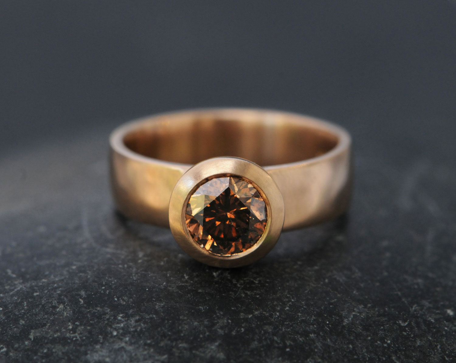 Beautiful, chunky, brown diamond ring set in satin finished 18k gold.